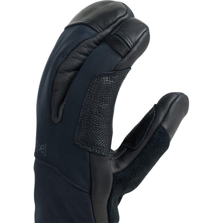 Side view of black and navy Burton AK Clutch Gore-Tex Mitts with leather palm and thumb reinforcements.