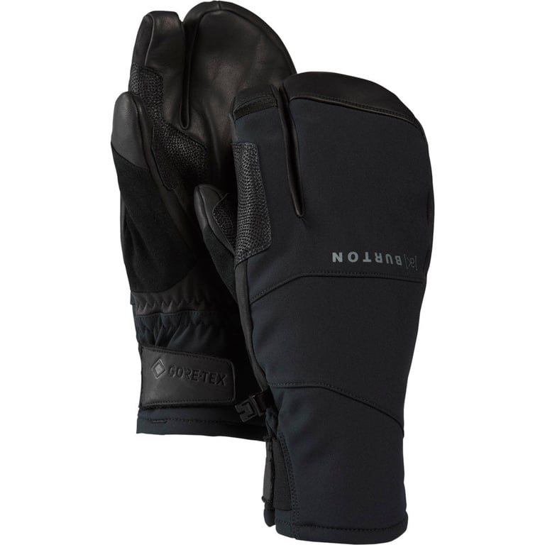 Black Burton AK Clutch Gore-Tex trigger finger mitts with leather palms and adjustable wrist straps.