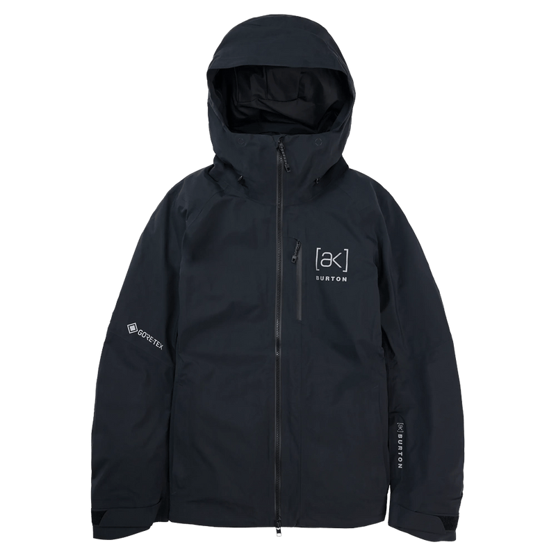Women's black Burton AK Upshift Gore-Tex 2L snowboard jacket with hood, front zipper, and chest logo.