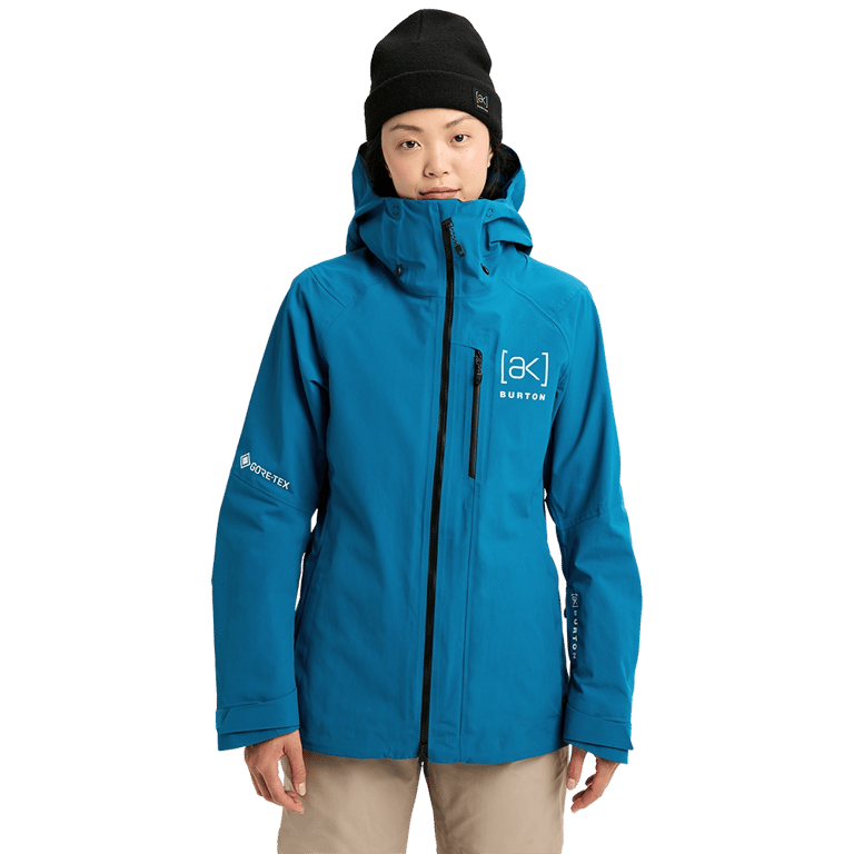 Blue Burton AK Upshift Gore-Tex 2L women's snowboard jacket with hood, chest pocket, and [ak] logo.