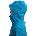 Side profile of a blue Burton AK Upshift Gore-Tex Snowboard Jacket with an adjustable hood and high collar.
