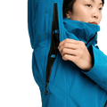 Underarm pit zip vent on a bright blue Burton AK Upshift Gore-Tex women's snowboard jacket.