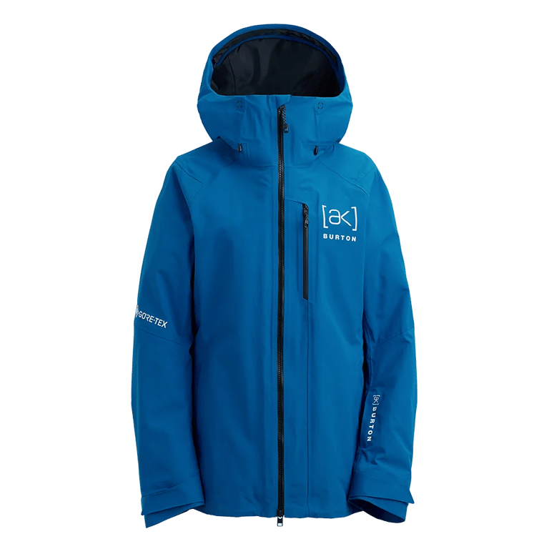 Blue Burton AK Upshift Gore-Tex 2L women's snowboard jacket with hood, front zipper, and white chest logo.