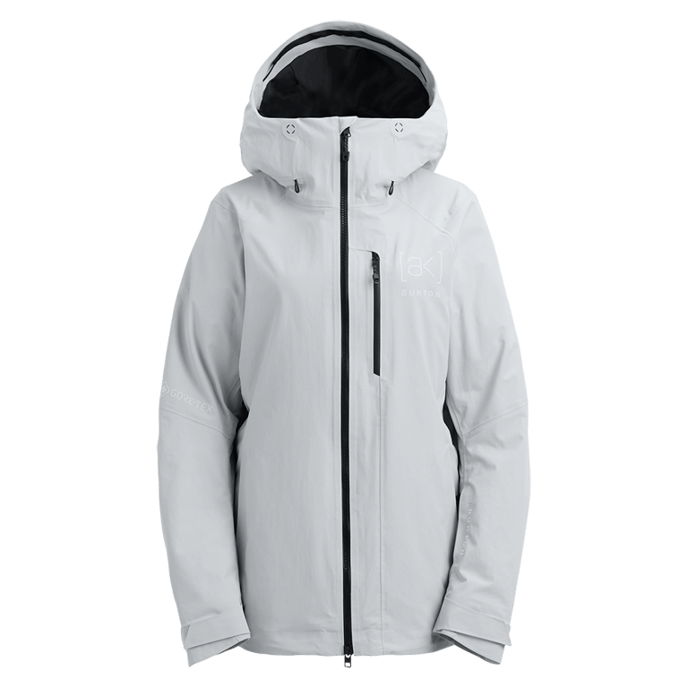 Light gray Burton AK Upshift Gore-Tex 2L women's snowboard jacket with black zippers and hood.