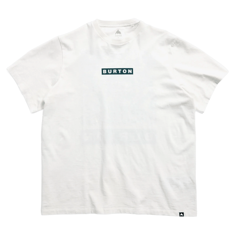 White short-sleeve Burton Dejaview t-shirt with a green box logo on the chest, flat lay view.
