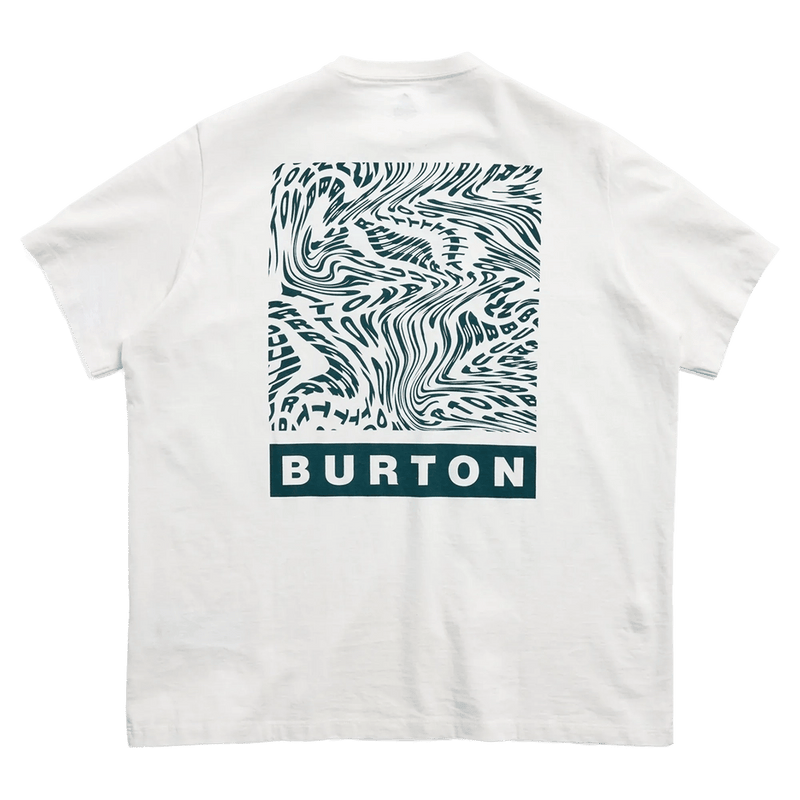 White Burton short-sleeve t-shirt back view with a teal square distorted pattern graphic and Burton block logo.