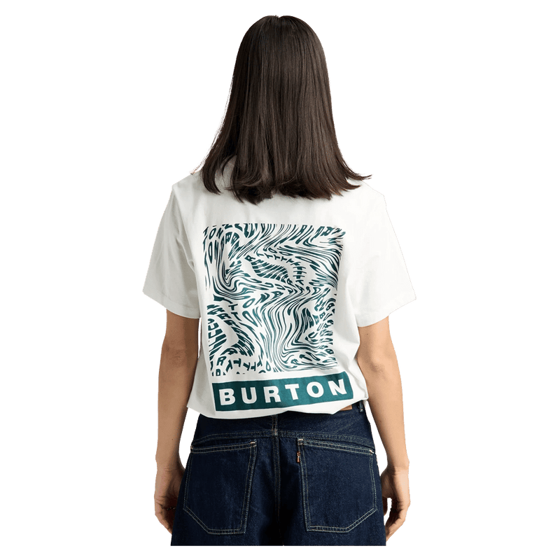 Back view of a white Burton Dejaview SS Tee with a teal wavy square graphic and logo, worn with dark blue jeans.