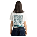 Back view of a white Burton Dejaview SS Tee with a teal wavy square graphic and logo, worn with dark blue jeans.