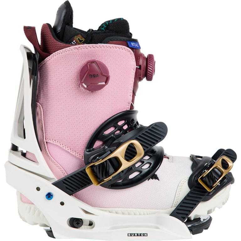 Side view of white Burton Escapade EST women's snowboard bindings with black straps, gold buckles, and a pink boot.