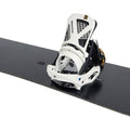 White Burton Escapade EST women's snowboard binding with black straps and mesh highback on a black snowboard.
