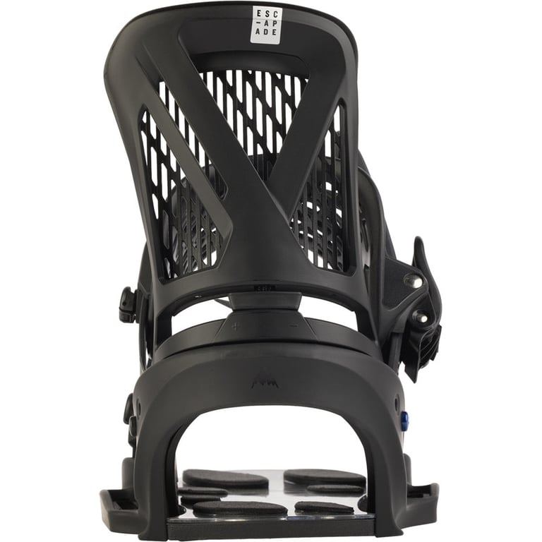 Rear view of matte black Burton Escapade EST women's snowboard binding with mesh highback and top logo.
