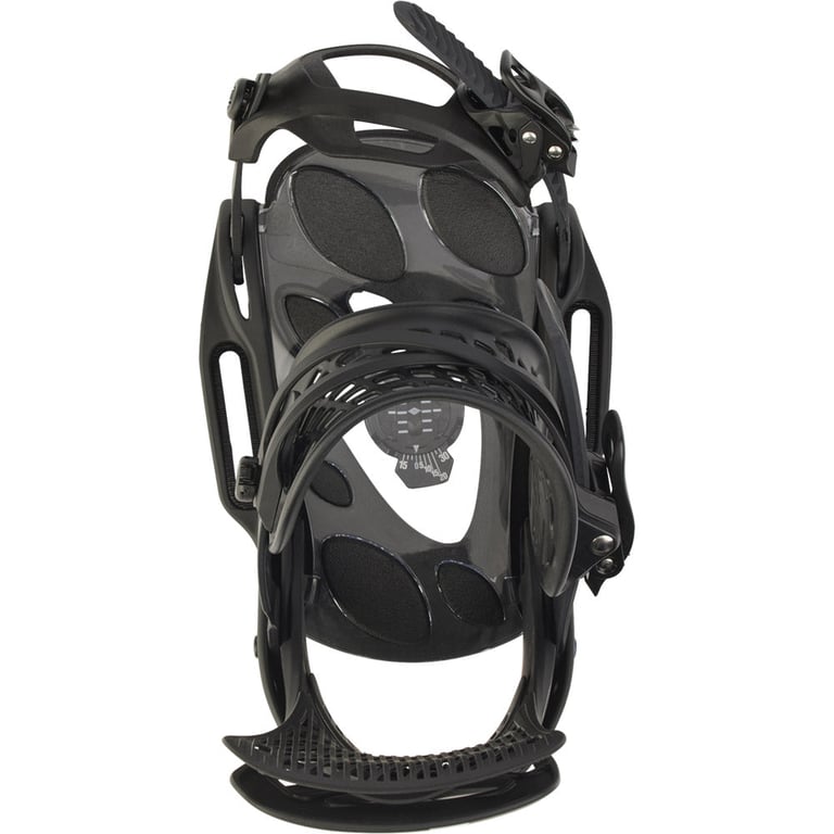 Black Burton Escapade EST women's snowboard binding with a padded highback and adjustable straps, front view.