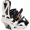 Burton Escapade EST women's snowboard bindings in white and black with gold buckles, shown from a side angle.