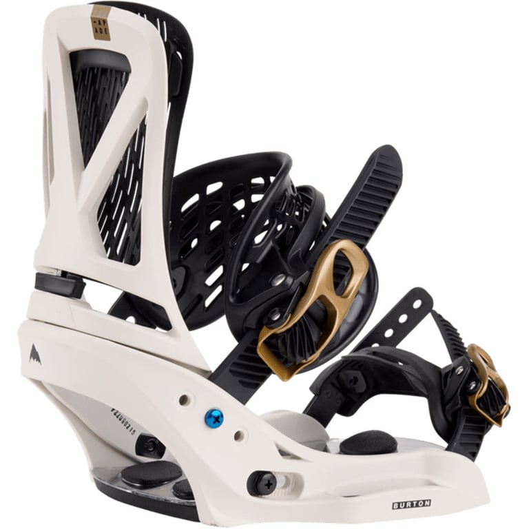 Burton Escapade EST women's snowboard bindings in white and black with gold buckles, shown from a side angle.