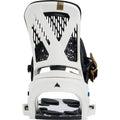 Rear view of white Burton Escapade EST women's snowboard bindings featuring a black mesh highback and white heel hoop.