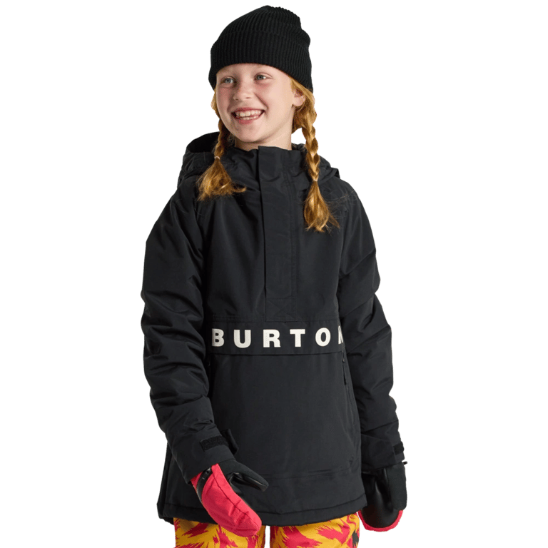Black Burton Frostner Anorak Snowboard Jacket for kids with white logo across the chest and a hood.