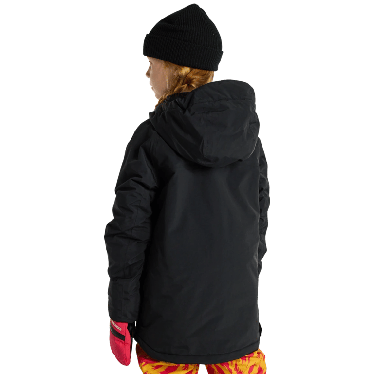 Rear view of a black Burton Frostner Anorak kids' snowboard jacket with a hood, black beanie, and pink gloves.