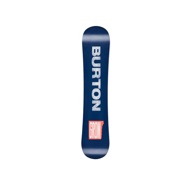Burton Grom Camber Kids Snowboard base in navy blue with white vertical Burton logo and red Grom graphic.
