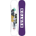 Burton Hideaway Women's Snowboard with white mountain graphic top deck and purple base with vertical white logo.