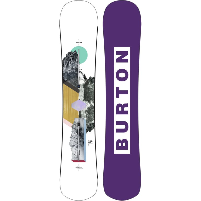 Burton Hideaway Women's Snowboard with white mountain graphic top deck and purple base with vertical white logo.