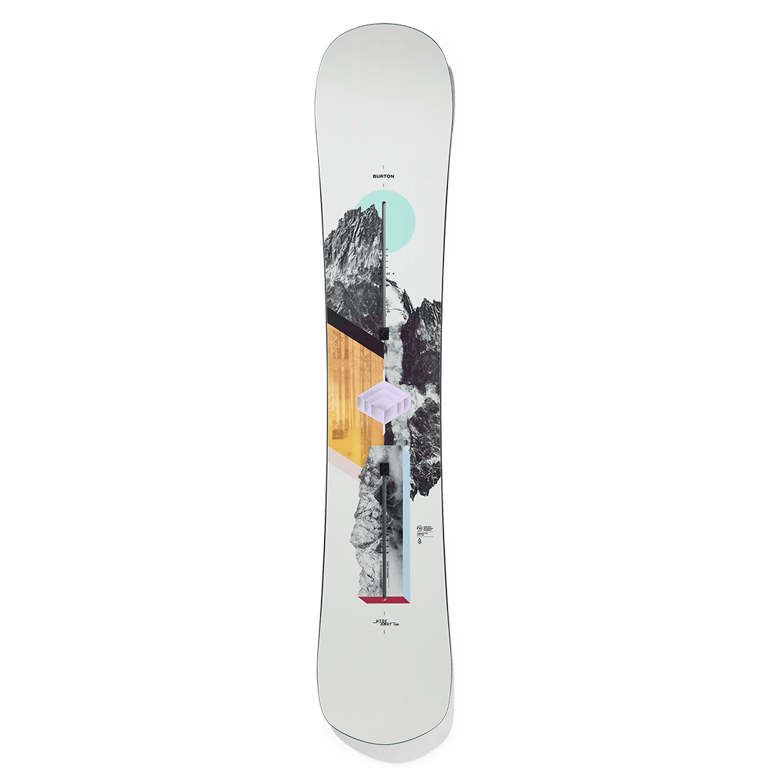 Burton Hideaway Women's Snowboard featuring a white deck with a central mountain graphic and geometric accents.