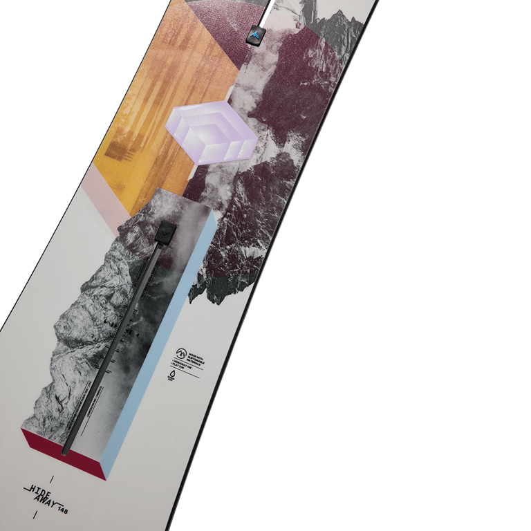 Burton Hideaway women's snowboard with purple mountain graphics, yellow wood grain accents, and black Channel mounting.