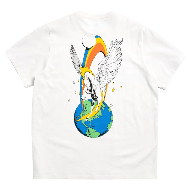 White Burton Hippocrene short-sleeve tee back view with a Pegasus, Earth, and rainbow graphic.