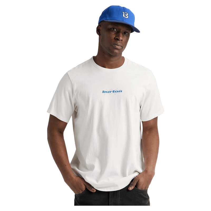White Burton short sleeve t-shirt with a small blue logo on the chest, worn by a man in a blue baseball cap.