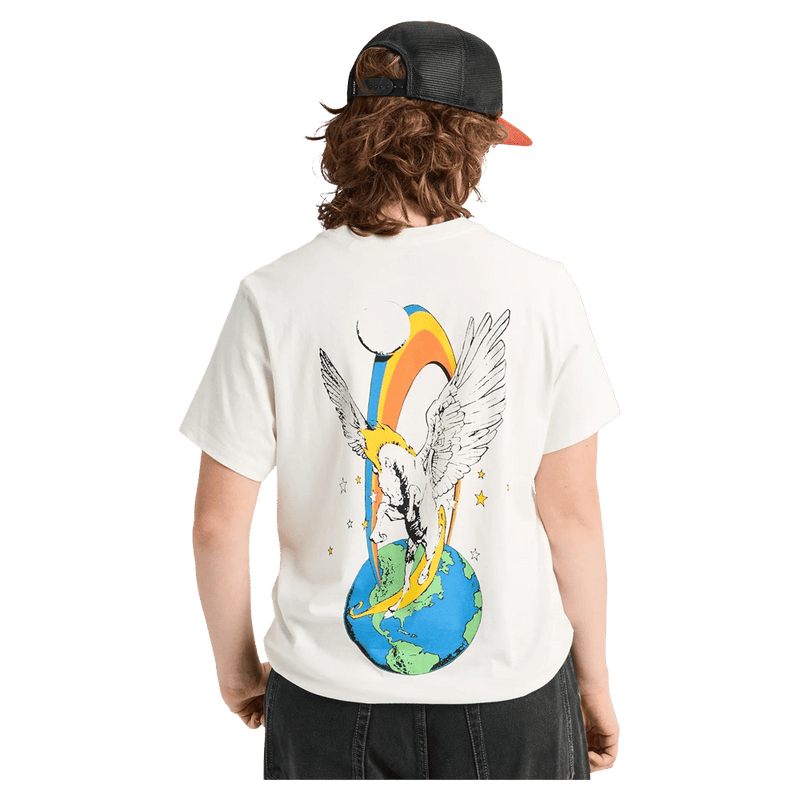 Back view of a white Burton Hippocrene SS Tee featuring a winged horse graphic over Earth with a rainbow and stars.