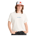 White Burton Hippocrene short-sleeve t-shirt with a small blue logo on the chest, worn with a trucker hat.
