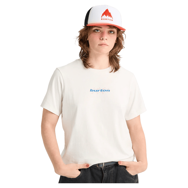 White Burton Hippocrene short-sleeve t-shirt with a small blue logo on the chest, worn with a trucker hat.