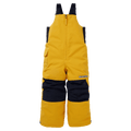 Yellow kids' Burton Maven Bib snowboard pants featuring navy knee patches, a front zipper, and a side cargo pocket.