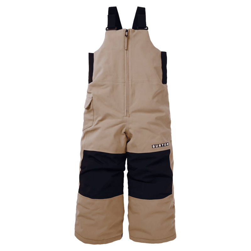 Tan kids' Burton Maven Bib Snowboard Pants with black knee patches, front zipper, and black shoulder straps.