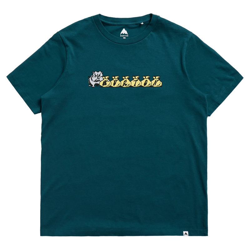 Dark teal Burton Ransacked short sleeve t-shirt with a bulldog and yellow money bags graphic on the chest.
