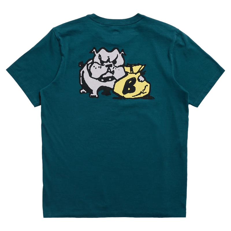 Teal Burton Ransacked SS Tee back view with a cartoon bulldog and yellow bag graphic.