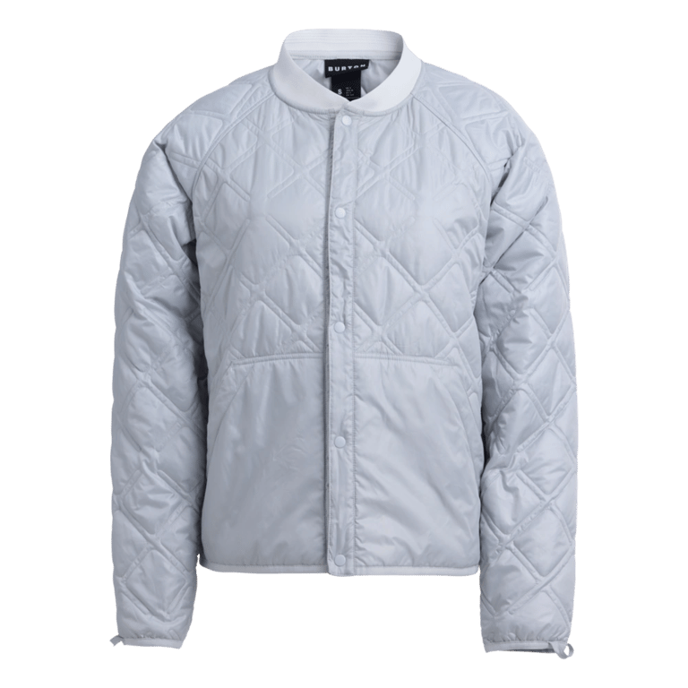 Light grey women's quilted liner jacket with diamond stitching, snap-button front, and a ribbed collar.