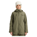 Women's olive green Burton Reserve 3-In-1 snowboard jacket with a hood and zippered chest pockets, front view.