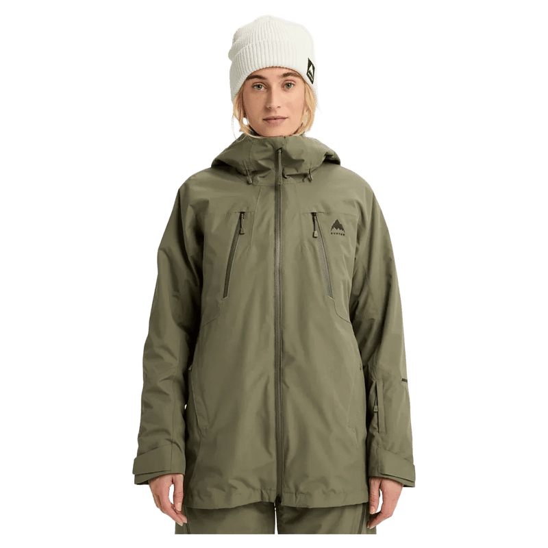 Women's olive green Burton Reserve 3-In-1 snowboard jacket with a hood and zippered chest pockets, front view.
