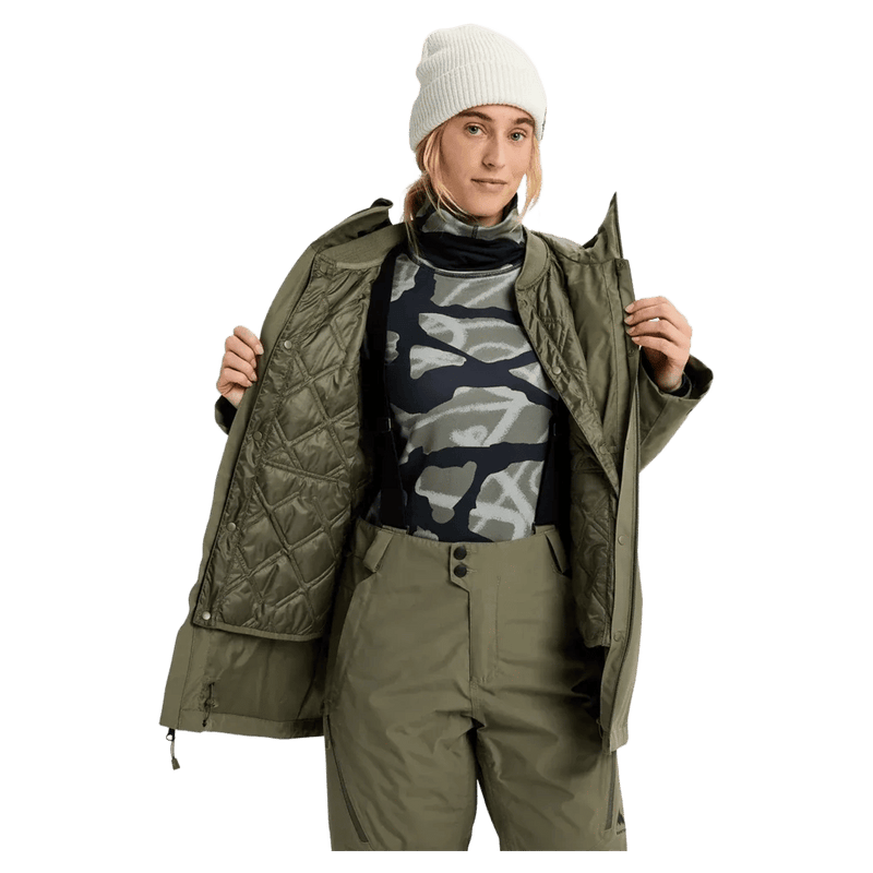 Olive green Burton Reserve 3-In-1 Snowboard Jacket for women with a visible quilted inner liner and matching pants.