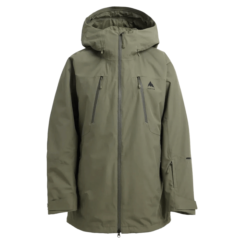 Women's olive green Burton Reserve 3-In-1 Snowboard Jacket with a hood, full-length zipper, and chest pockets.