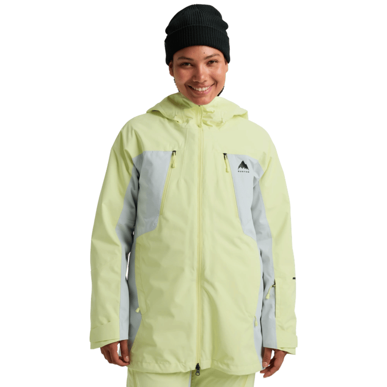 Women's lime green and grey Burton Reserve 3-In-1 Snowboard Jacket with a hood and zippered chest pockets.
