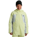 Women's lime green and grey Burton Reserve 3-In-1 Snowboard Jacket with a hood and zippered chest pockets.