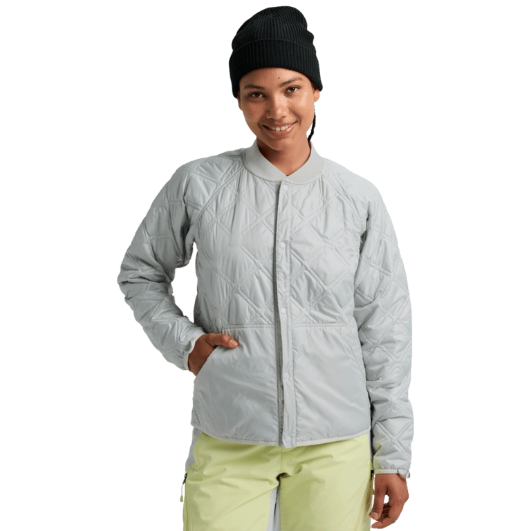 Light grey Burton Reserve 3-In-1 women's quilted liner jacket with snap-front closure and ribbed collar.