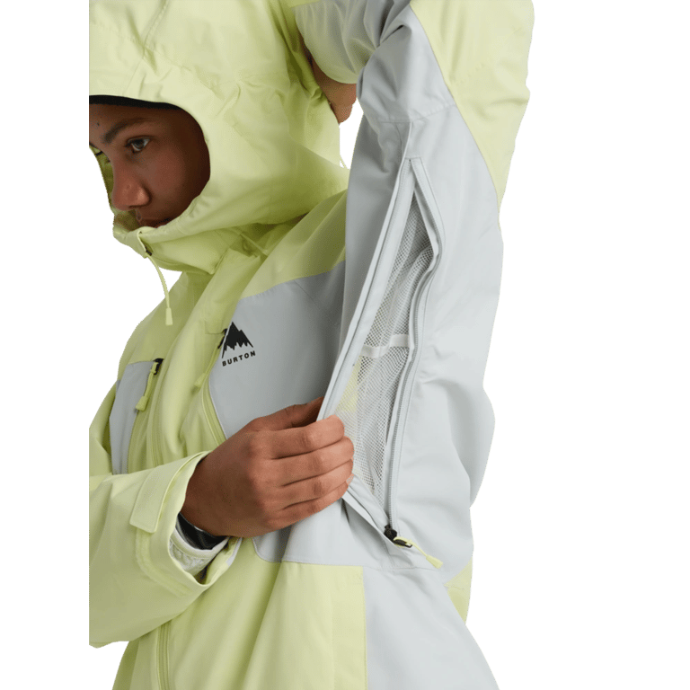 Yellow and grey Burton Reserve 3-In-1 Snowboard Jacket for women showing the zippered underarm mesh vent.