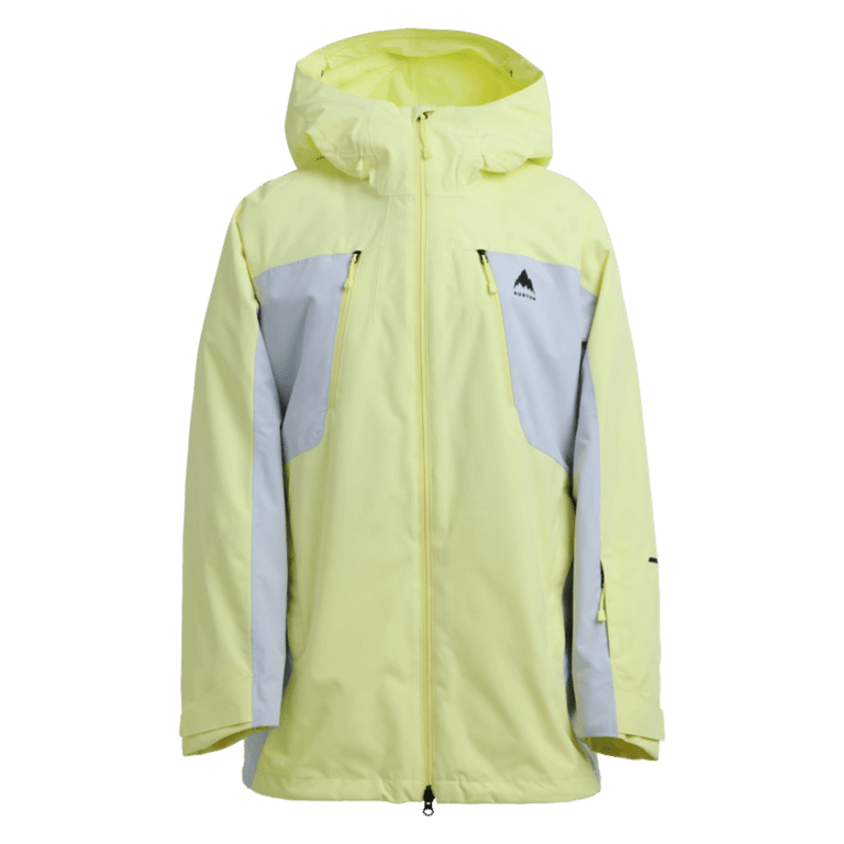 Pale yellow and grey Burton Reserve 3-In-1 Women's Snowboard Jacket with a hood and zippered chest pockets.
