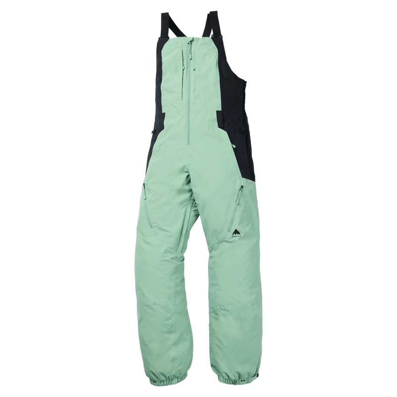 Mint green women's Burton Reserve Bib Snowboard Pants with black side panels, front zip, and adjustable shoulder straps.