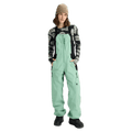 Mint green Burton Reserve Bib Snowboard Pants for women featuring adjustable straps and a chest pocket.