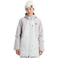 Light grey and white Burton Reserve Insulated Snowboard Jacket for women with a hood, full zipper, and chest logo.
