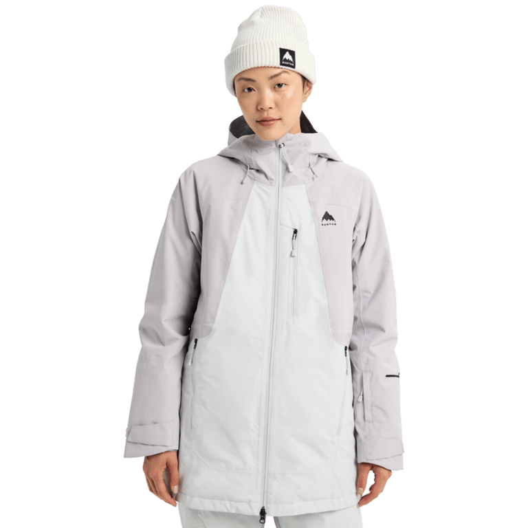 Light grey and white Burton Reserve Insulated Snowboard Jacket for women with a hood, full zipper, and chest logo.