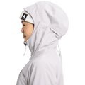 Side profile of a light grey Burton Reserve Insulated Snowboard Jacket with the hood up and a white beanie.